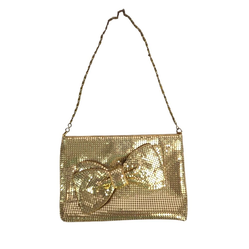 Vtg Kate Landry Clutch Shimmer Gold Tone Metallic Mesh Handbag Bow & Chain Strap